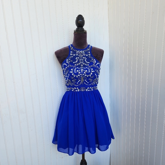 B.Darlin Jeweled Prom Dress Royal Blue/Silver Beaded Halter Sleeveless Sz 1/2 - Picture 1 of 12